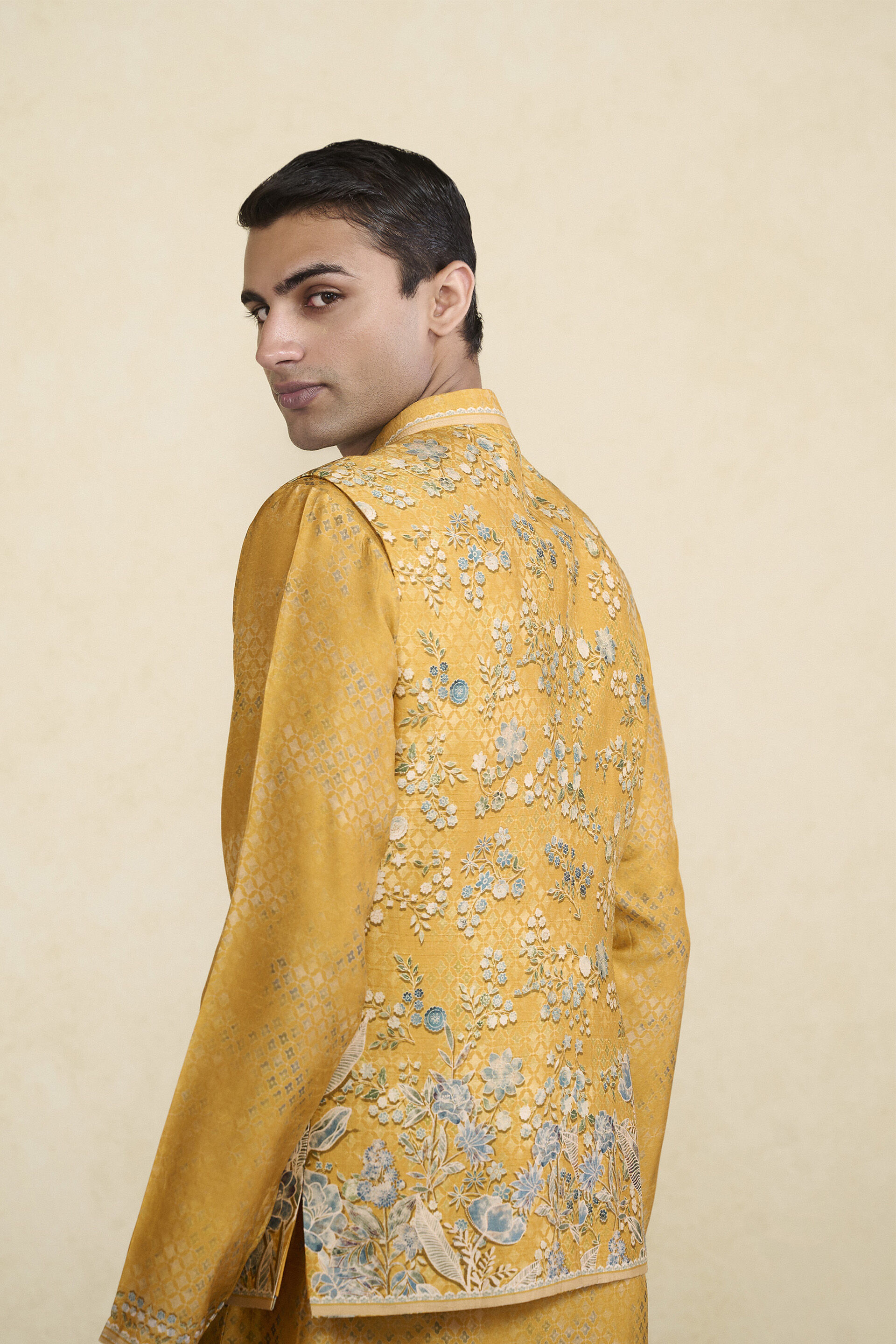 Zarghun Printed Nehru Jacket - Mustard, Mustard, image 6
